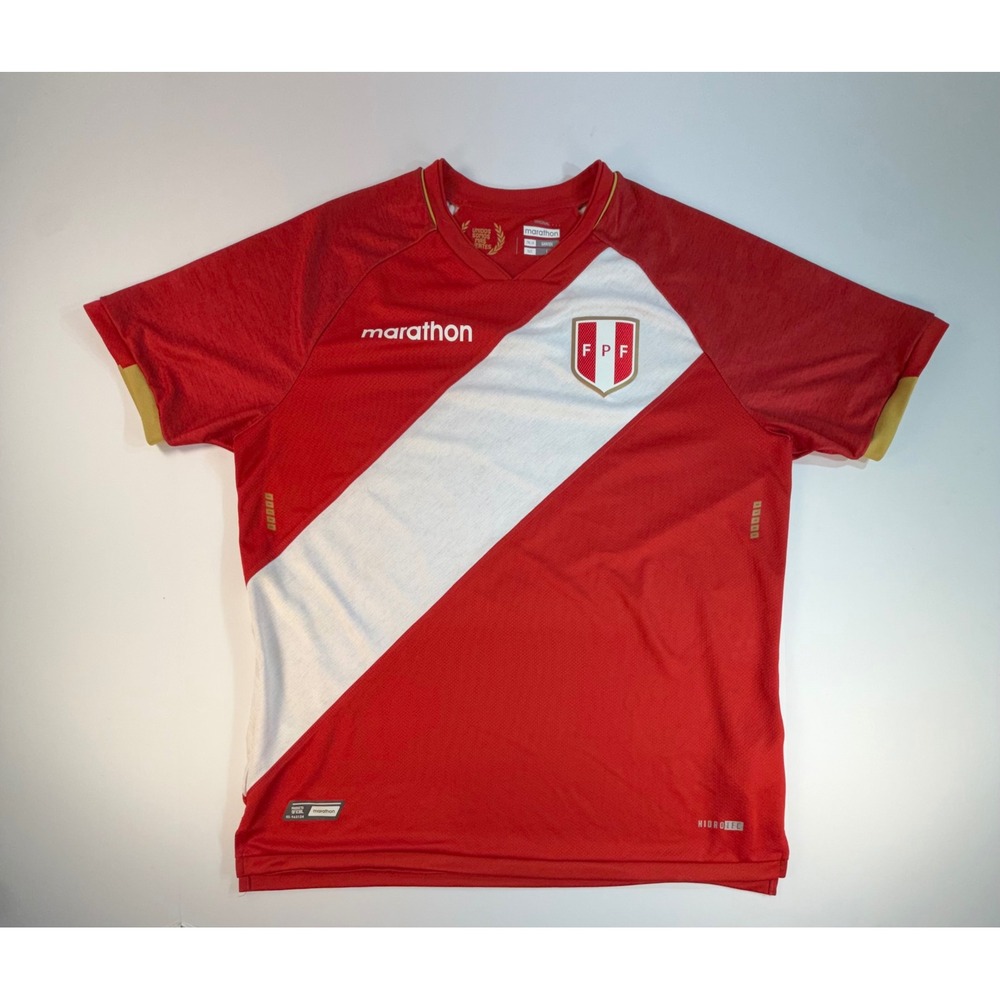 Marathon Peru National Team FPF Soccer Jersey Red White Sash Mens Large